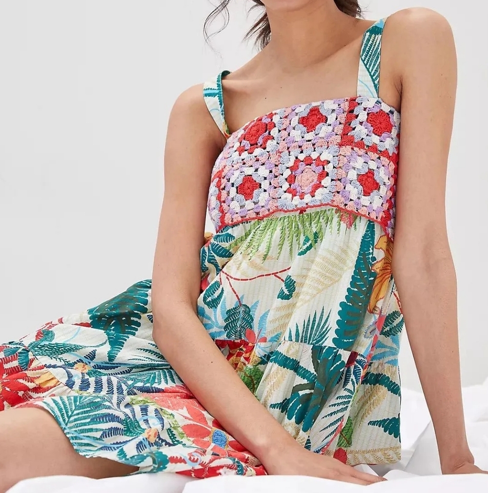 ANTHROPOLOGIE FARM RIO GRANNY SQUARE CROCHET OVERLAYE POPLIN TROPICAL DRESS Xs